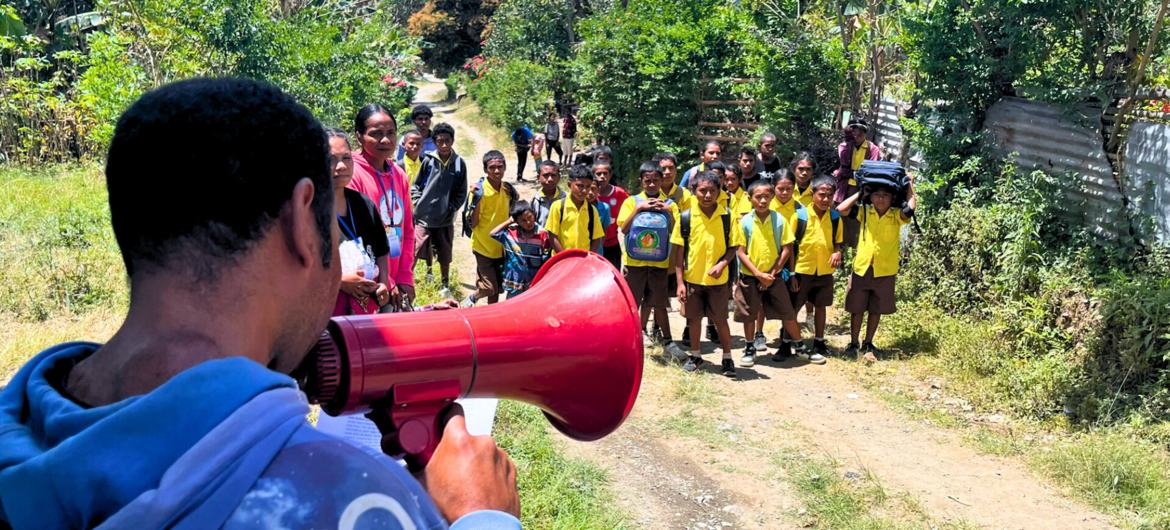 Children in Timor-Leste Residents of Orlalan village, in Timor-Leste, take part in a climate disaster drill.