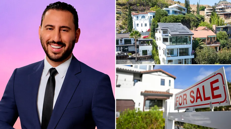 Josh Altman next to photos of California real estate