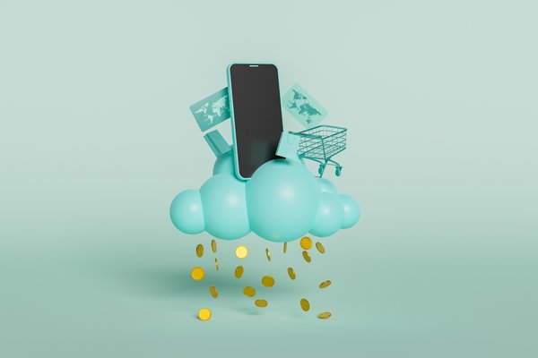 Gold coins rain down from a cloud with a smartphone, shopping icons, and maps on top.