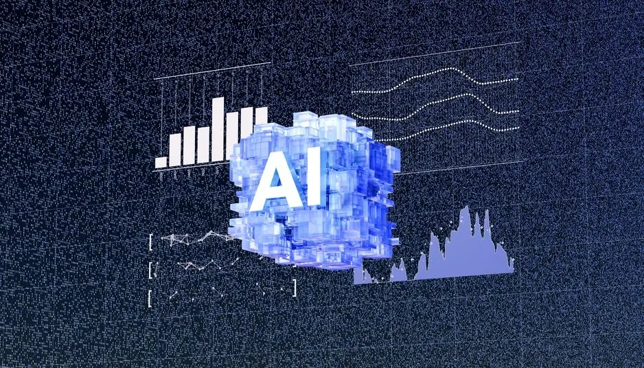Digital Intelligence - AI Icon Illuminated Against Financial Data and Binary Streams