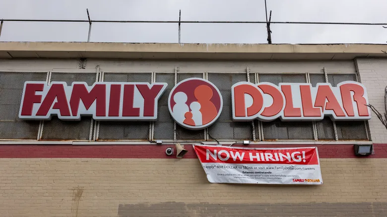Exterior of a Family Dollar Store bearing a 'Now Hiring' sign