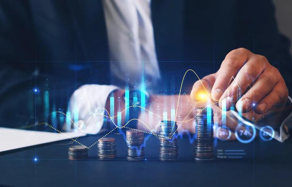 Financial investment and success market stock technology currency report.Money business financial graph diagram of coin. Financial growth data or investment market profit bar.