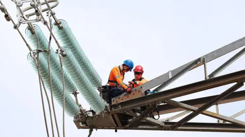 AFP via Getty Images Two people wearing hard hats and hi-vis jackets working on an electricity pylon 