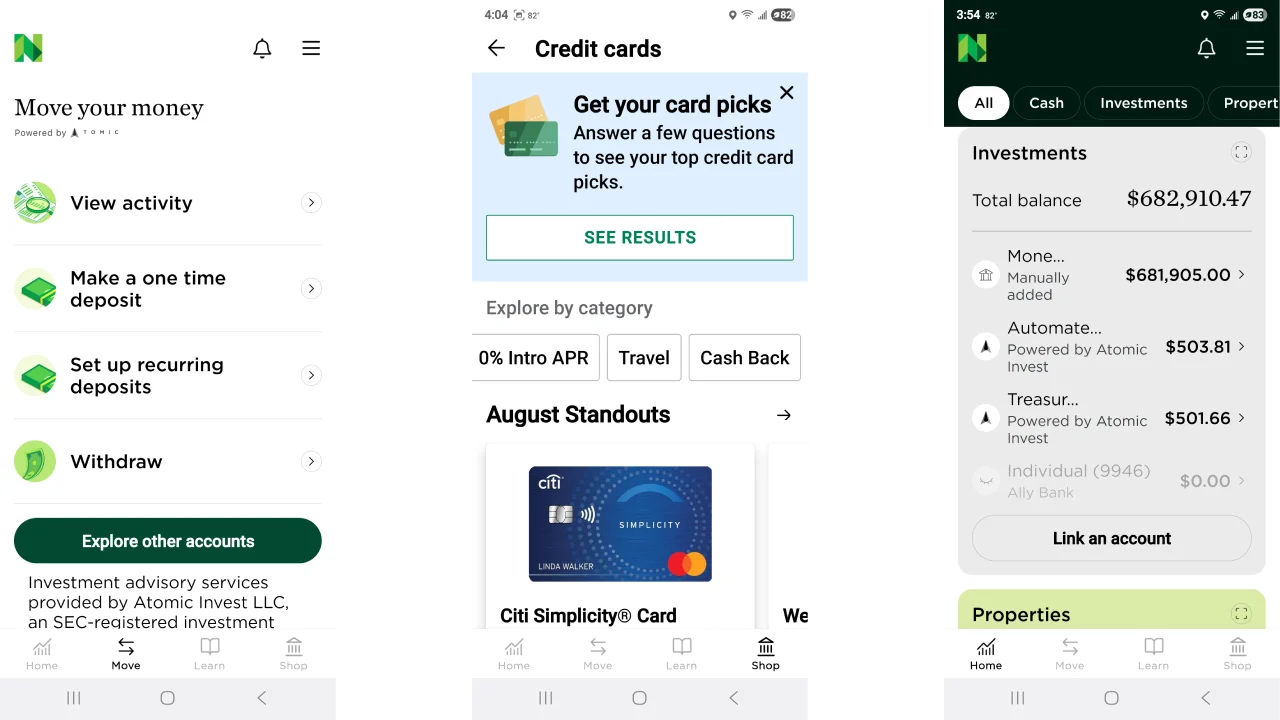 The Move Your Money page, a credit card product selection page, and an investment page in NerdWallet