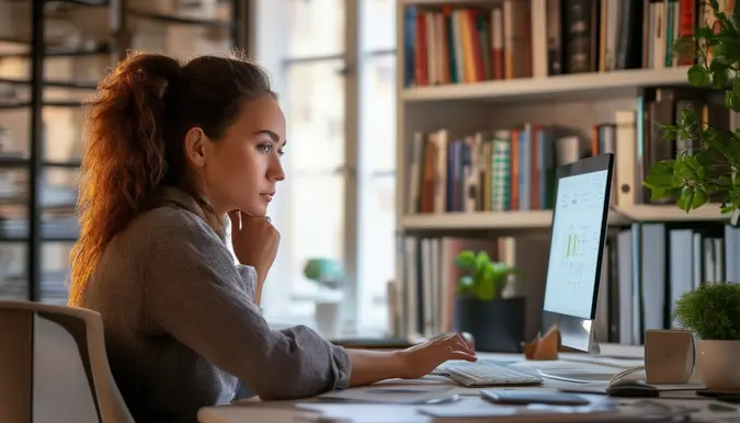 The photo shows a woman sitting at a desk in her home office, looking at her computer screen with a thoughtful expression. The background features a cozy and organized workspace with shelves filled with books and a small plant on the desk. The camera angle is slightly above the woman, capturing her in a focused and determined posture. The lens used is a wide-angle lens to capture the entire workspace in the frame.