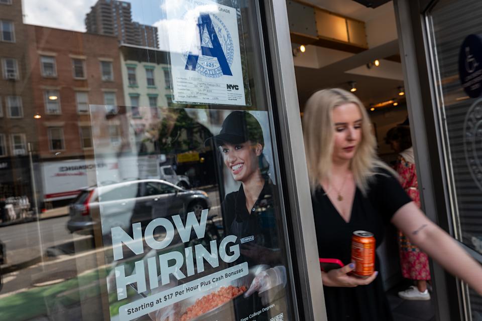 NEW YORK CITY - SEPTEMBER 05: A 'now hiring' sign is displayed in a business window in Manhattan on September 05, 2025 in New York City. A Labor Department employment report on Friday showed that U.S. job growth slowed in August and the unemployment rate increased to nearly a four-year high of 4.3%. (Photo by Spencer Platt/Getty Images)