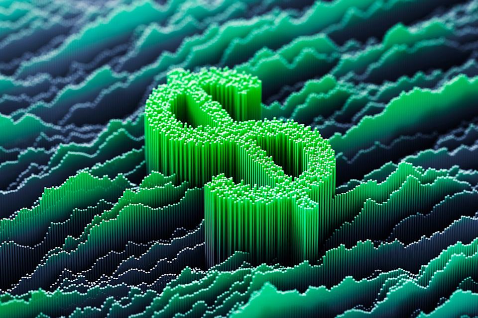A stylized money sign floating in a sea or price charts.