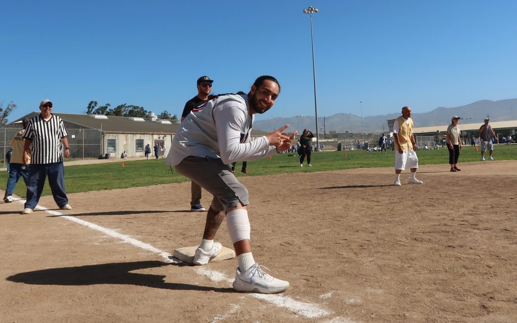 A player in a kickball game at the Correctional Training Facility at Soledad (CTF). The game helped raise funds for National Crime Victims' Rights Week.