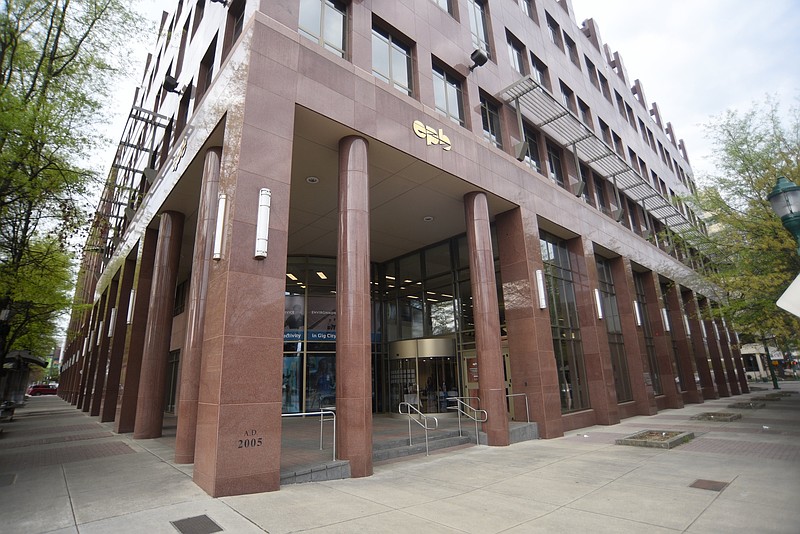 Staff photo by Matt Hamilton/ The EPB building in downtown Chattanooga is seen on Wednesday, March 25, 2026. The city-owned utility serves more than 200,000 electric customers.