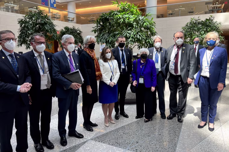 Image: A group of finance ministers stood in a line