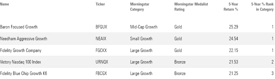 Table of the best-performing U.S. stock mutual funds and ETFs over the past 5 years